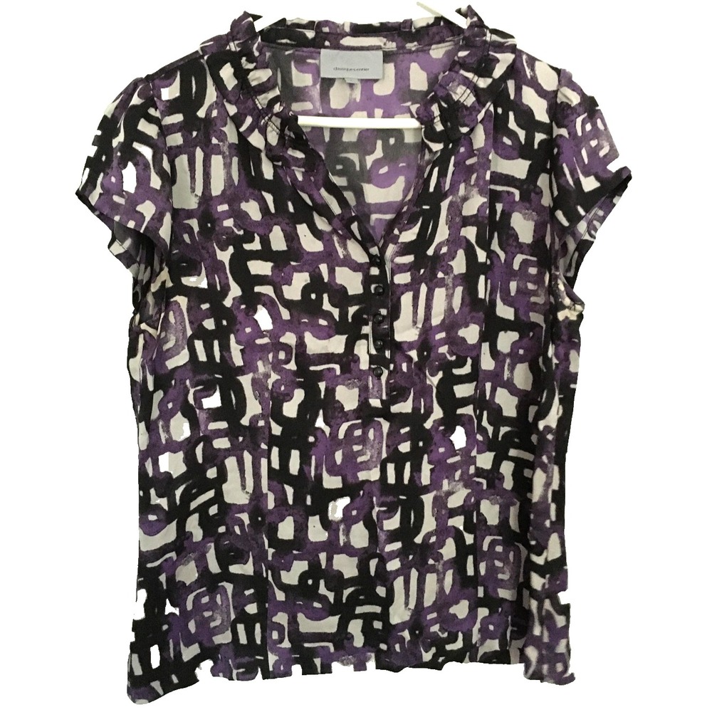 Classiques Entier Blouse Womens L Purple Black Silk Abstract Henley Short Sleeve